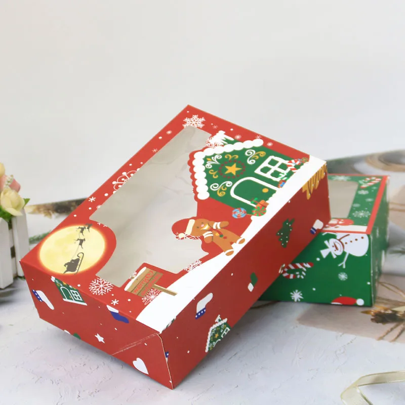4PCS Christmas Party Paper Packaging Boxes Pvc Window Biscuit Box Cake Candy Chocolate Boxes