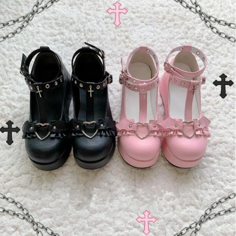 Lolita buty Kawaii buty Loli Devilian mały nietoperz styl Bowknot Demon ciemny Goth Punk platforma Cosplay LoliShoes szpilki 5.5cm