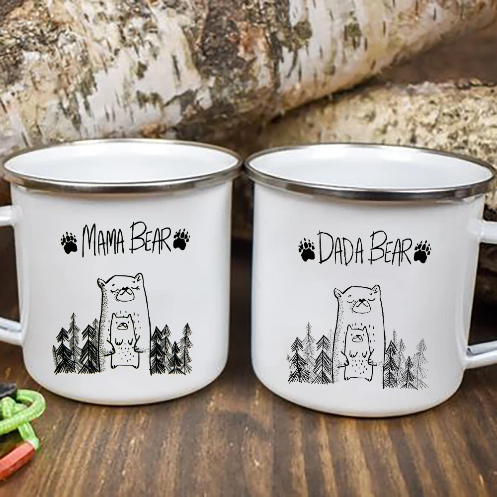 Mama Dada Bear Enamel Coffee Mugs Baby Shower Gifts Home Party Beer Drink Juice Cocoa Cups Valentine's Mothers Fathers Day Gift