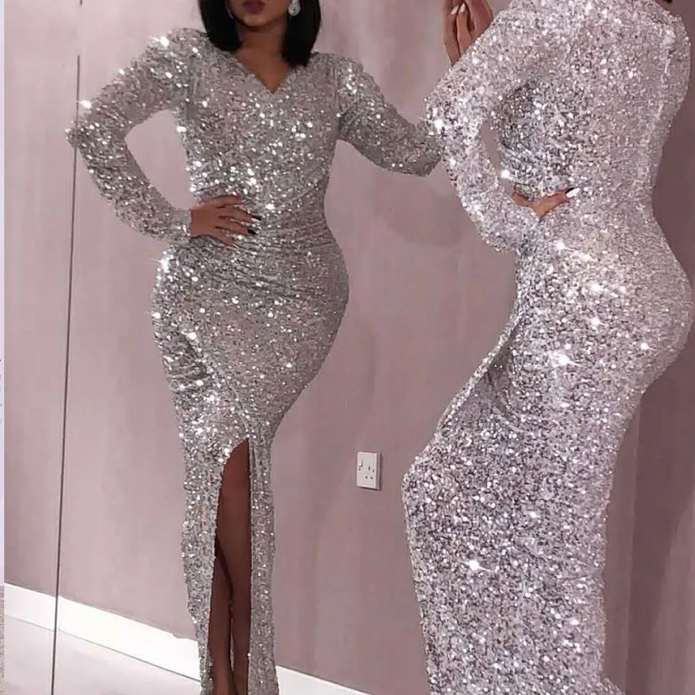 Sexy Mermaid Prom Dresses 2021 V Neck Long Sleeves Sequin Sparkling Woman Formal Party Gown Abendkleider Vestidos Custom Made