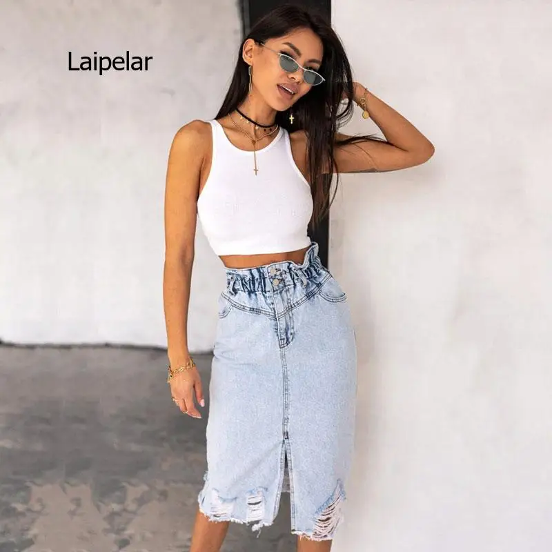 Midi Skirt Fashio Ripped Button Elastic Split Light-Colored Washed Denim Skirt High Waist Ripped Buttock Half-Length Denim Skirt