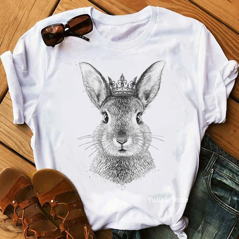 Sketch Bunny With Pink Flowers Print T-Shirt Women Clothes Cute Butterfly Tshirt Femme Summer Tops Fashion T Shirt Female