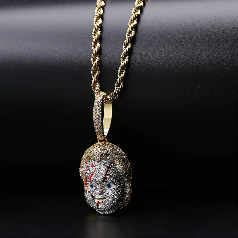 Hip Hop Iced Out Bling Chucky Necklace Gold Plated Chain Halloween Cosplay AAA Cubic Zirconia  Necklace for Men Women