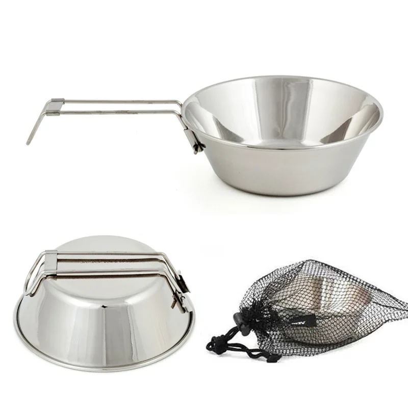 

300ml Outdoor Stainless Steel Rice Bowl with Folding Handle Outdoor Camping Picnic Hiking Food Container Cooker Utensils Pot