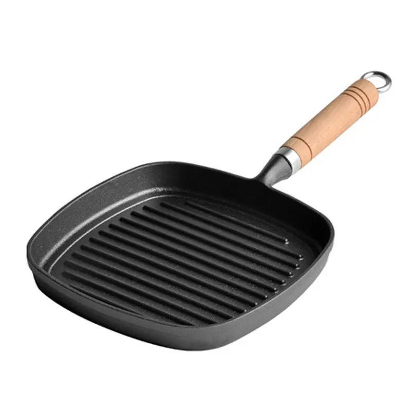 

Saucepan Cast Iron Frying Pan 22/24CM Wooden Handle Stripe Steak Skillet Cookware Kitchen Outdoor BBQ Pancake