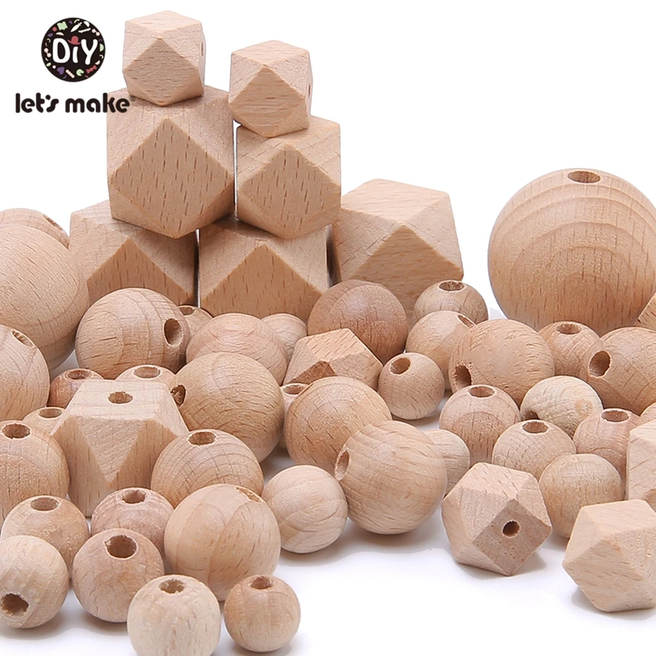 Let\'s Make 100pc Beech Hexagon Wooden Teether Beads Round 12-30mm Baby Rattle Beaded Wood Baby Teether Wooden Toys