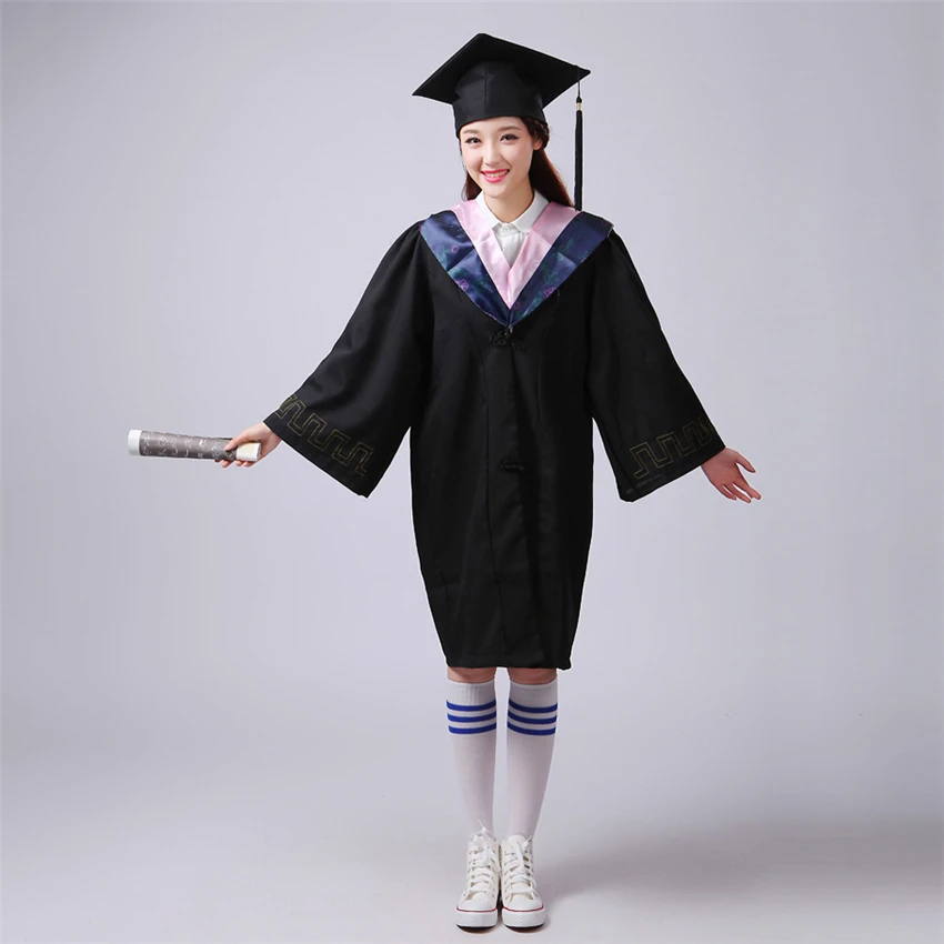 Womnen Men University Graduation Gown Student High School Uniforms Team Wear Academic Dress for Adult Bachelor Robes+Hat Set