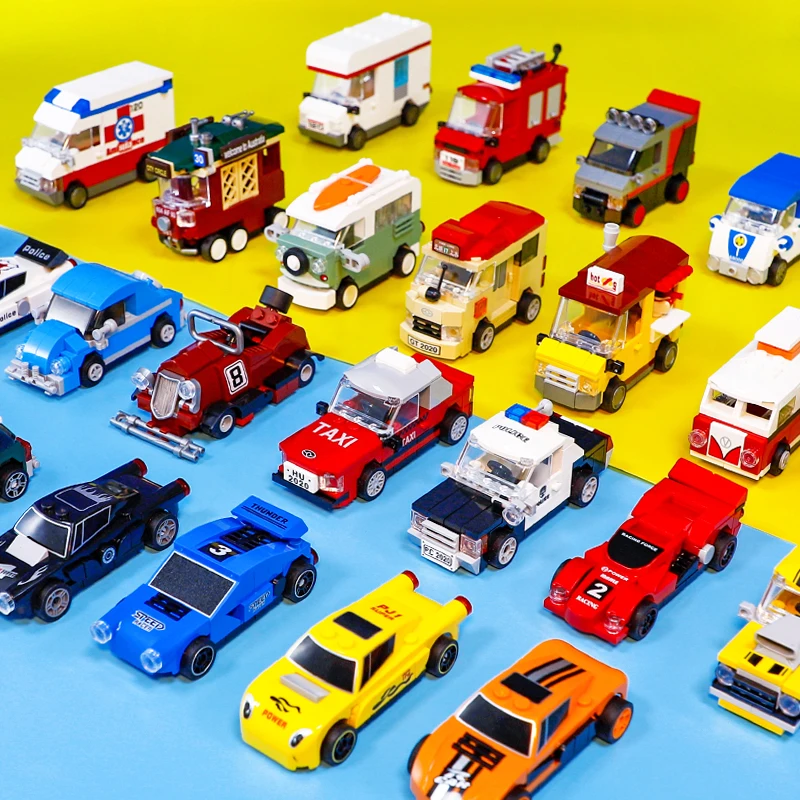 DECOOL Mini Pull Back Car City Police Taxi Bus Cooper Truck London Bus Vehicle Bricks Building Blocks Toys For Children Boy Gift