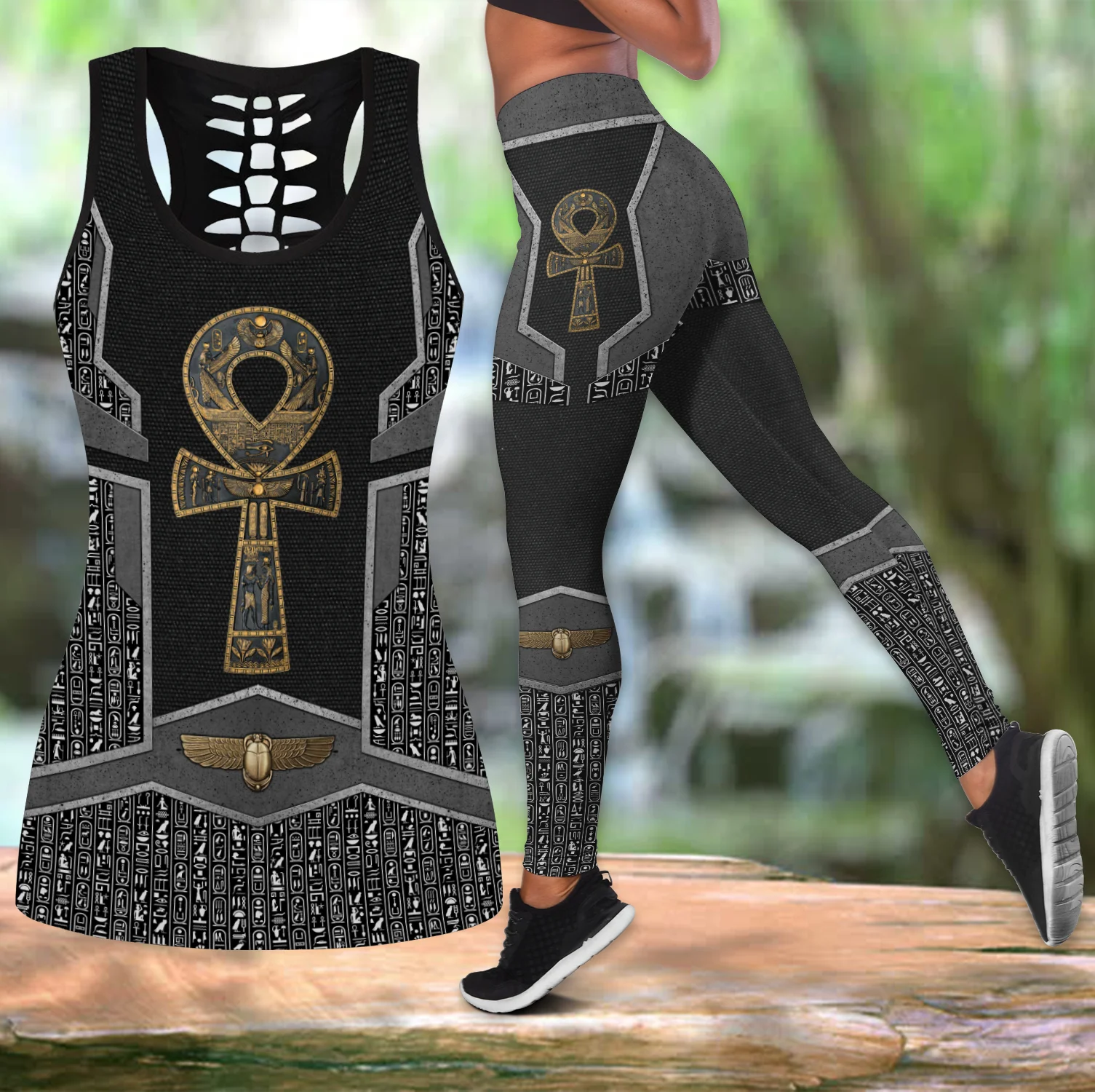 กุญแจ Ankh ชีวิตโบราณอียิปต์3D พิมพ์ Hollow Tank Top และชุด Leggings ฟิตเนสหญิงยาว Leggings โยคะกางเกง LKB-21