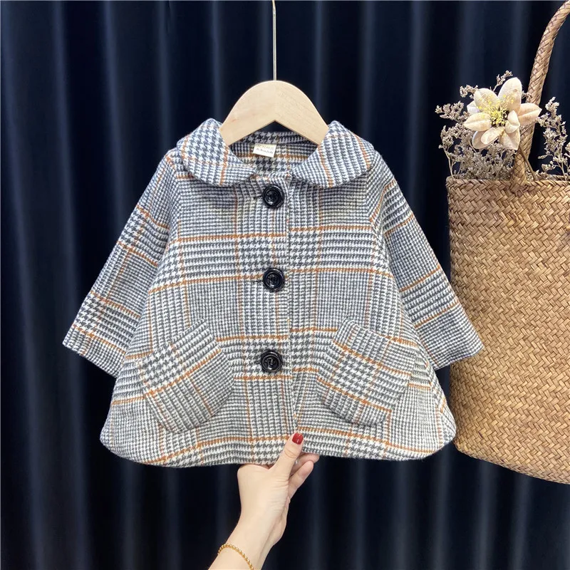 

Girls Woollen Coat 2021 Children's Winter Dress Korean Foreign Style Baby Kids Thickened Cotton Padded Tweed Lattice Jacket P106