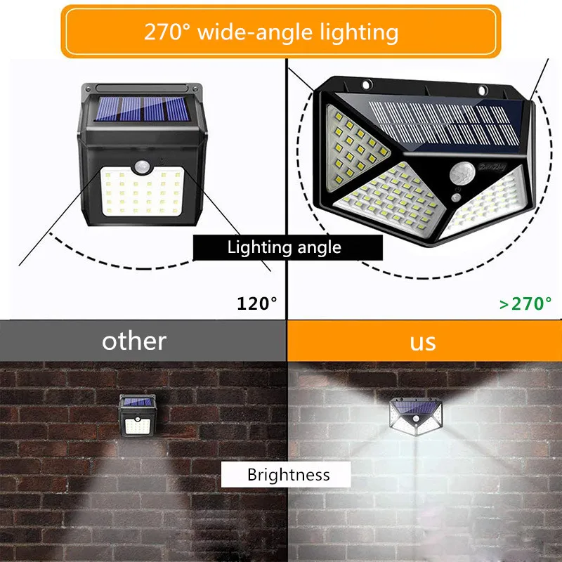 100 levou lâmpada de parede solar com sensor de movimento pir, impermeável, iluminação exterior, jardim, pátio, rua, 3 modos