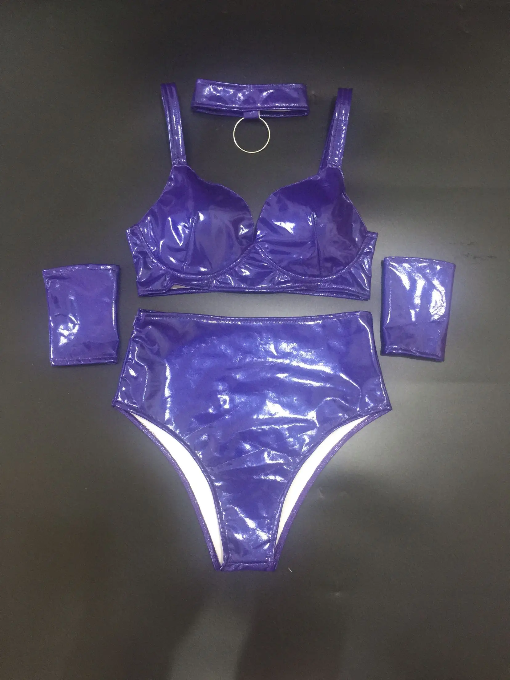 Ensemble de bikini en cuir verni élastique pour femme, discothèque, bar, DJ, fête, pôle d'équipe de séparés euse, costume de phtaline, vêtements de scène féminins sexy