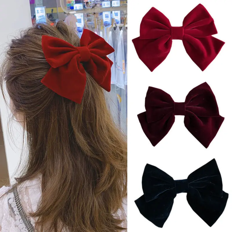 2022 Velvet Bow Barrette with Clip Kids Women Girls Elegant Hair Pins Vintage Black Wine Red Prom Hair Accessories