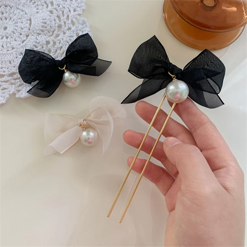 1PC Elegant Bow Pearl Hair Fork Bride U-shaped Women Hairpin Hair Comb Bead Hair Clip Wedding Tiara Hair Accessories