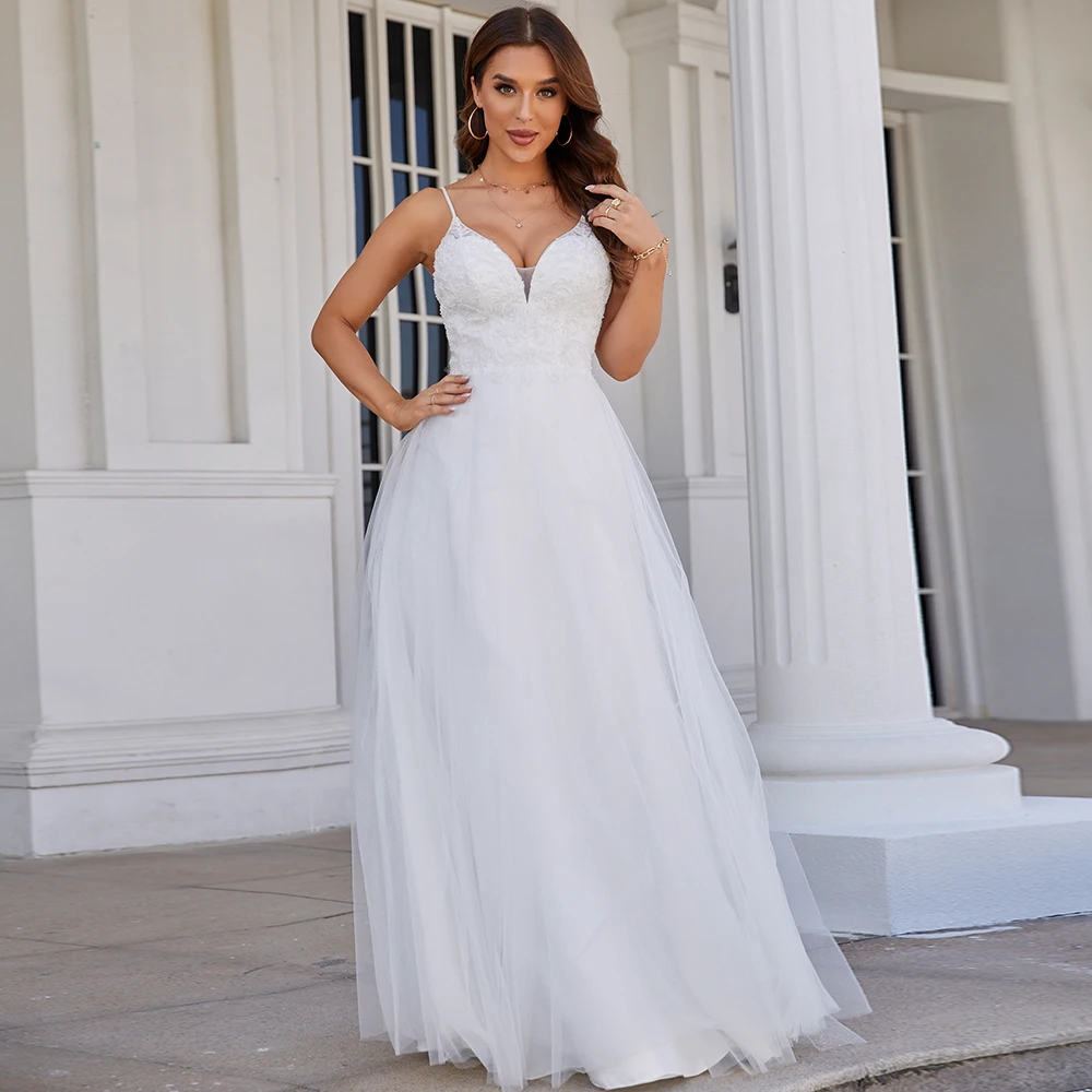 Sexy Real Wedding Dress 2022 Spaghetti Straps V Neck Floor Length Lace Applique Soft Tulle A Line Robe De Mariee Bridal Dresses