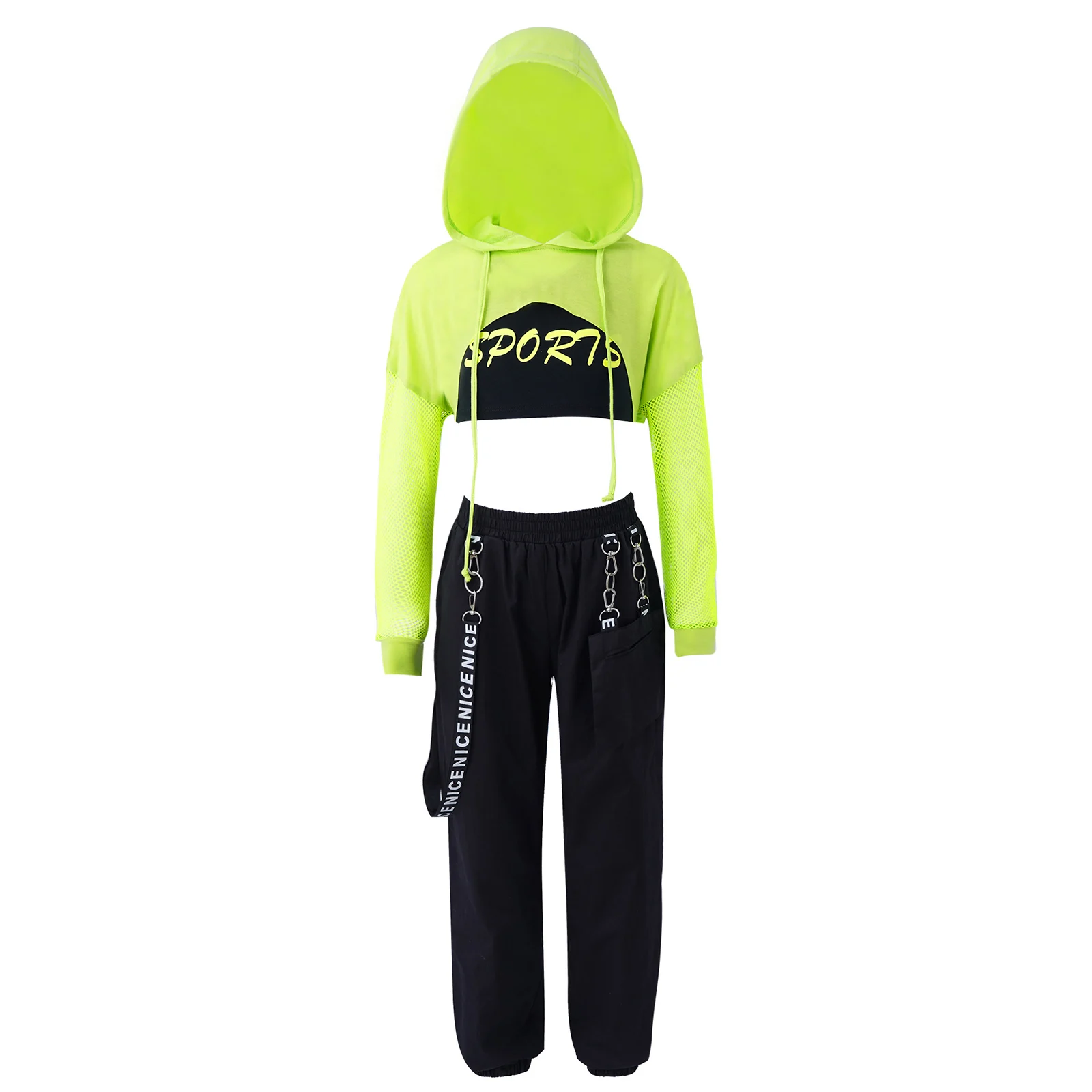 

Hip Hop Girls Clothing Jazz Costume Green Tops Net Sleeve Black Hip Hop Cargo Pants For Kids Performance Modern Dancing Clothes