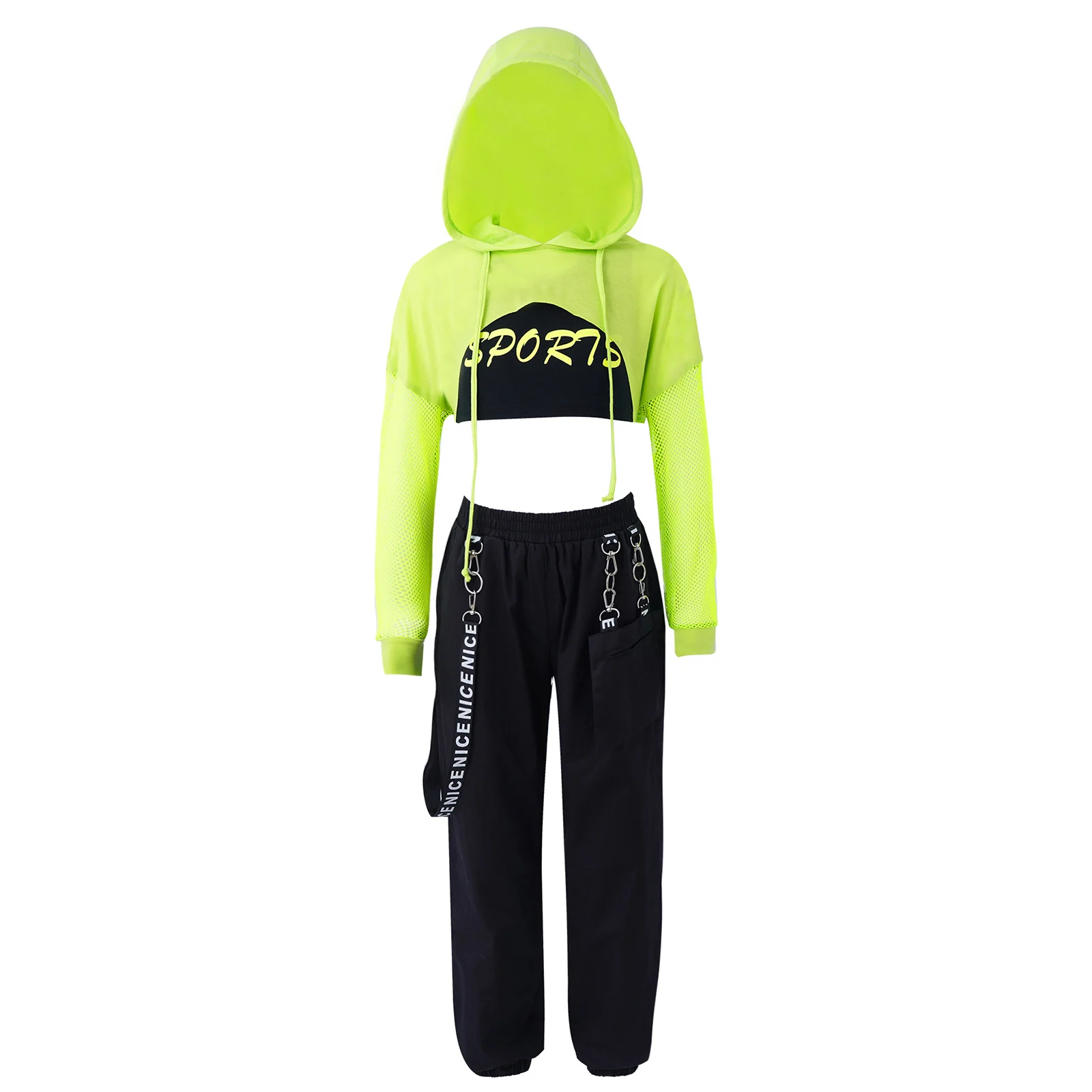 

Kids Hip Hop Girls Clothing Jazz Costumes Hooded Net Cover Up Tops With Crop Vest Pants Modern Performance Dance Street Wear