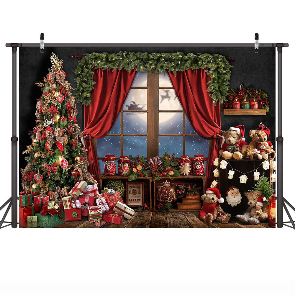 هدايا عيد الميلاد الدببة غرفة خلفية ستارة حمراء نافذة الشتاء العجائب القمر الكبير خلفية عيد ميلاد صورة التصوير الدعائم