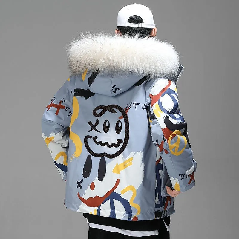 Chaqueta de plumón con estampado de dibujos animados para hombre, cortavientos grueso con capucha, chaqueta acolchada Harajuku de gran tamaño,