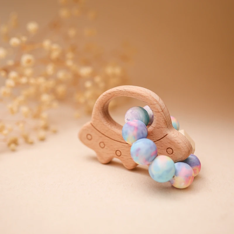 Baby Teether Bracelet Siilicone Colored Teething Bead Ring Beech Wooden Pendant Baby Teething Rattle Toy Kids Gift