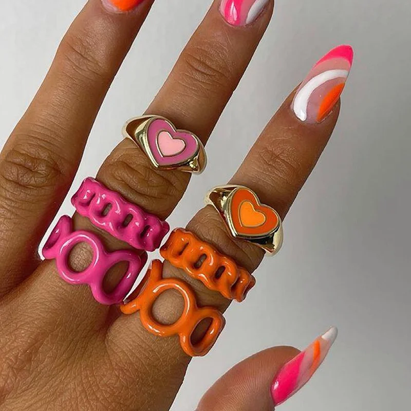 Colorful Pink Heart Ring Set Y2K  Candy Color RingHand painted Knuckle Rings Wholesale Jewelry for Women Ins 2021 New Trendy