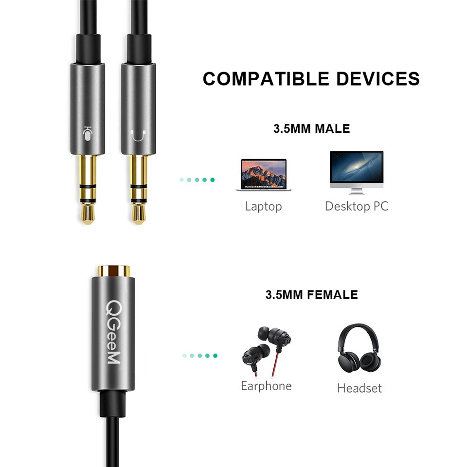 QGeeM del Divisore Della Cuffia per Computer 3.5mm Femmina a 2 Maschio 3.5 millimetri Mic Audio Y Cavo Splitter Auricolare per PC Adattatore AUX Cavo