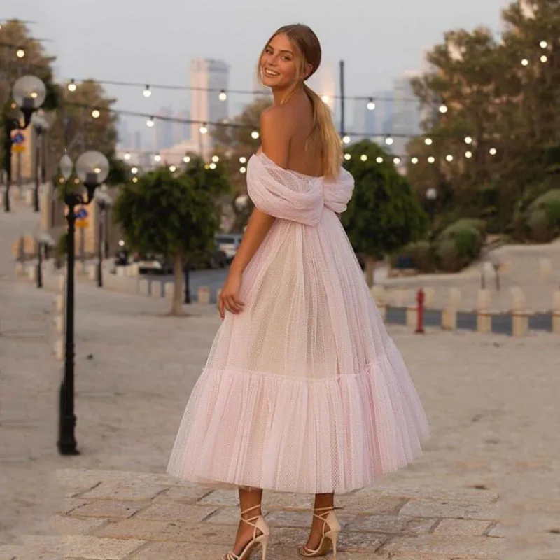 LORIE Blush Pink Off the Shoulder Dot Tulle Short Wedding Dress A Line Sweetheart Elegant Tea Length Bride Gown Party Dresses