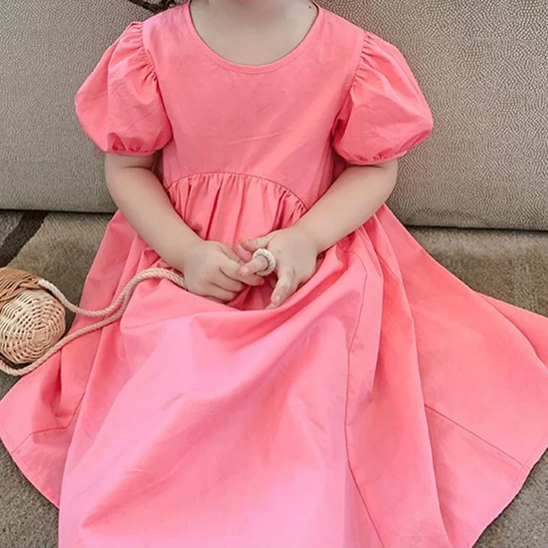 Summer Girls\' Dress Puff Sleeve Vestidos Round Neck Sweet Princess Dress Korean Outfits Baby Kids Children\'S Clothing For Girl