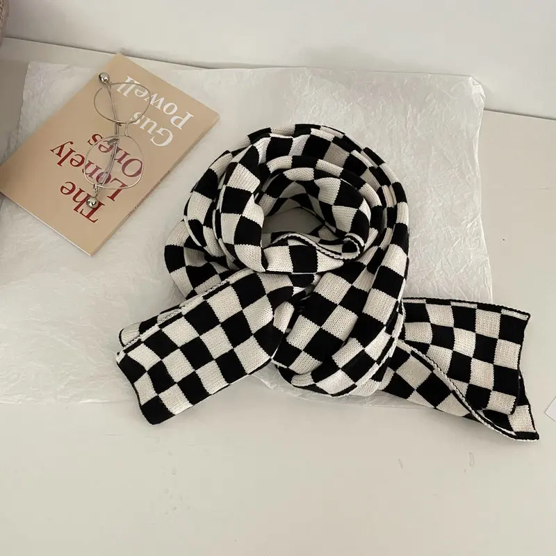 OMEA Twist Knit Scarf Women Winter Accessories Black and White Chessboard Plaid Patchwork Scarf Luxury Fashion Shawl Geometric