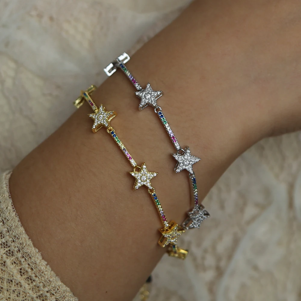New Star Bar Link Chain Bracelet Tennis Chain Paved Tiny Sparking Shiny CZ Stone Stars Bracelets For Women Simple Jewelry Party