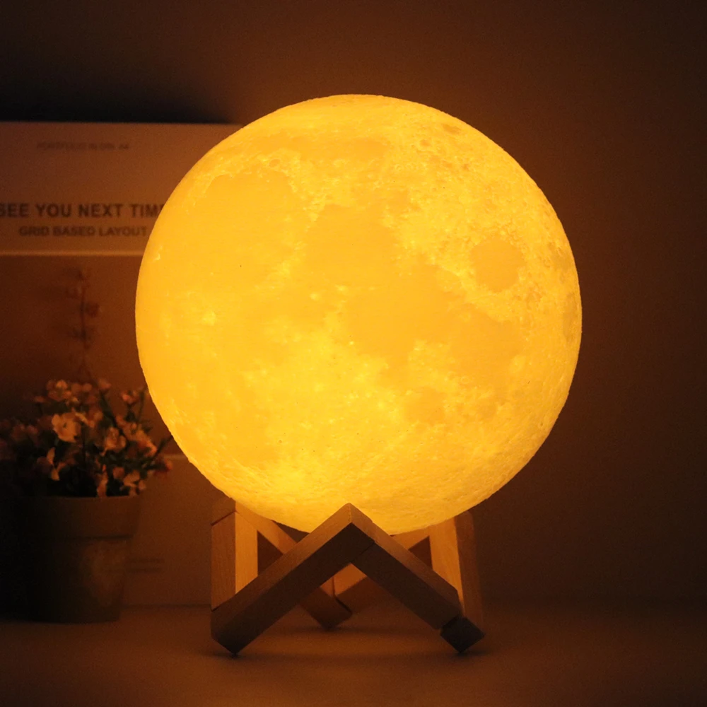 Lámpara de Luna 3D, luz nocturna impresa, Control remoto/Touch LED, bola de globo de luz de luna Lunar con Base de soporte de madera para dormitorio de niños