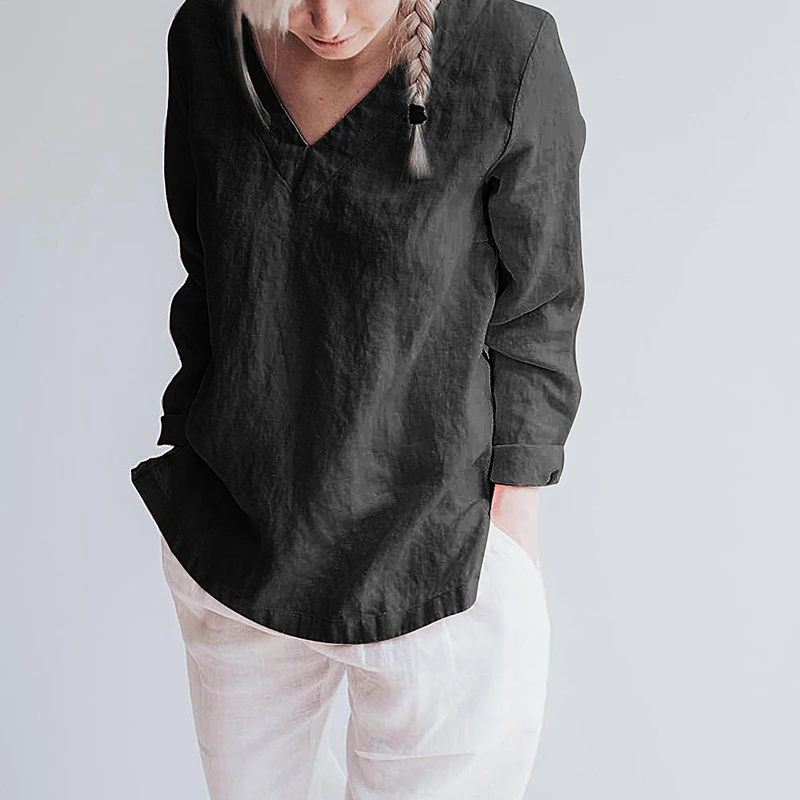 100% Linen V-Neck Long-Sleeve Shirt Autumn Women Basic Style Literary Simple T-Shirt Casual Loose Bottoming Shirts