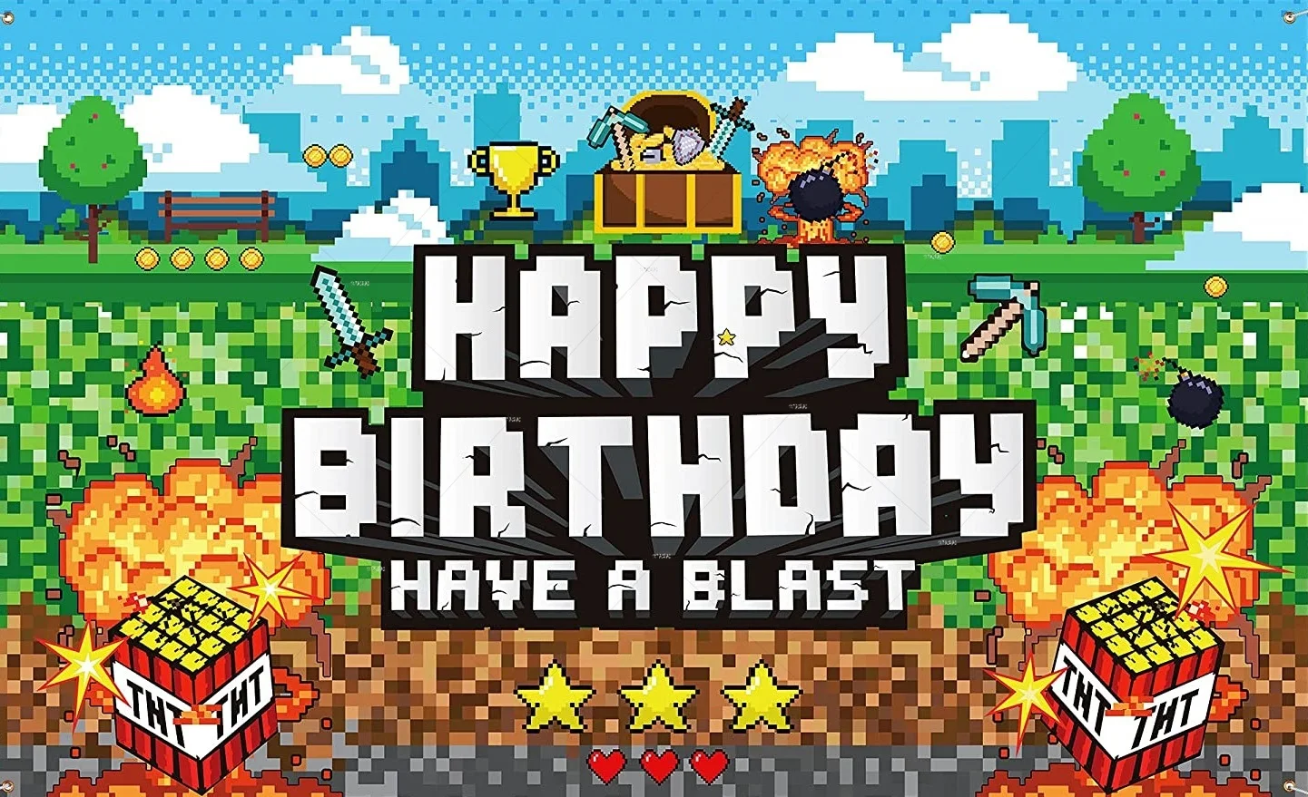 Game Happy Birthday Backdrop Photography Background Pixel Block Game Banner Boys Kids Adults Party Supplies Photo Background