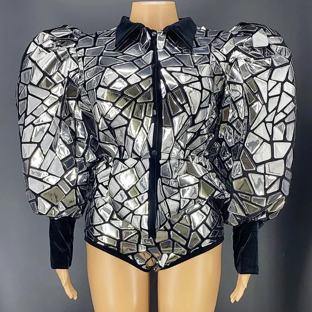 

Silver Mirror Jacket Short Cap Club Celebrate Bar Outfit Set Women Dancer Show Evening Stage Wear