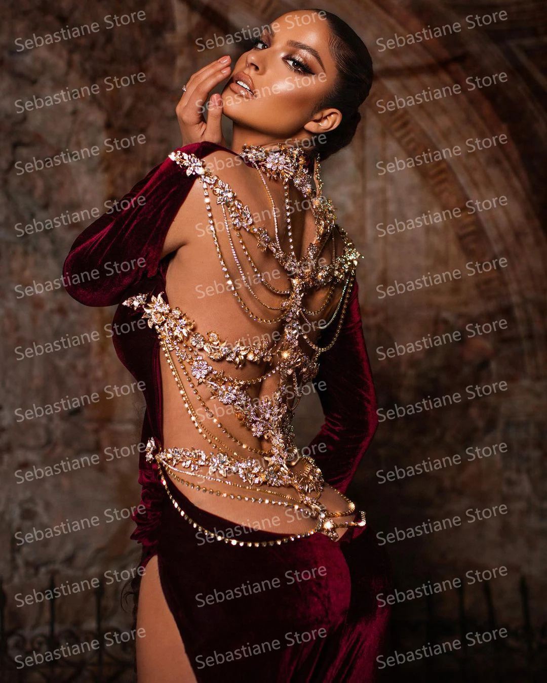 Luxury Crystals Back Evening Dresses With Long Train Velvet High Split High Neck Long Sleeves Mermaid Ruffles Prom Gown
