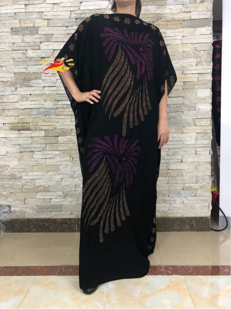 Fashion Africa style Abaya Long Dashiki Diamond  Islamic  Black Dress with scarf Loose Muslim Robe For African Lady HB090