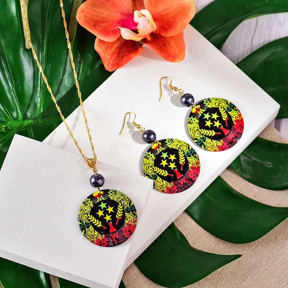 Cring Coco National Flag Pendant Necklace Set Fashion Polynesian Hawaiian Earing Acrylic Round Holiday Jewelry Sets for Women