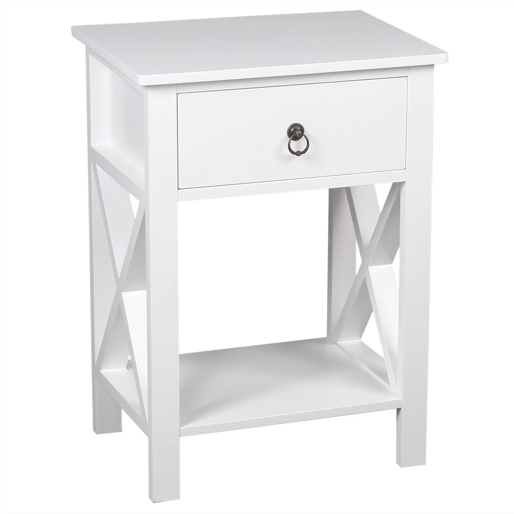 Nightstand Side End Table Two-Layer Bedside Table with Drawers Side Table Coffee Table Side Cross Style White 2 Pieces[US-W]