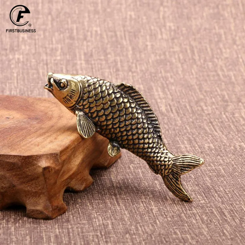 Solid Brass Fish Figurines Miniatures Antique Feng Shui Desktop Ornament Craft Simulation Carp Tea Pet Home Decoration Accessory