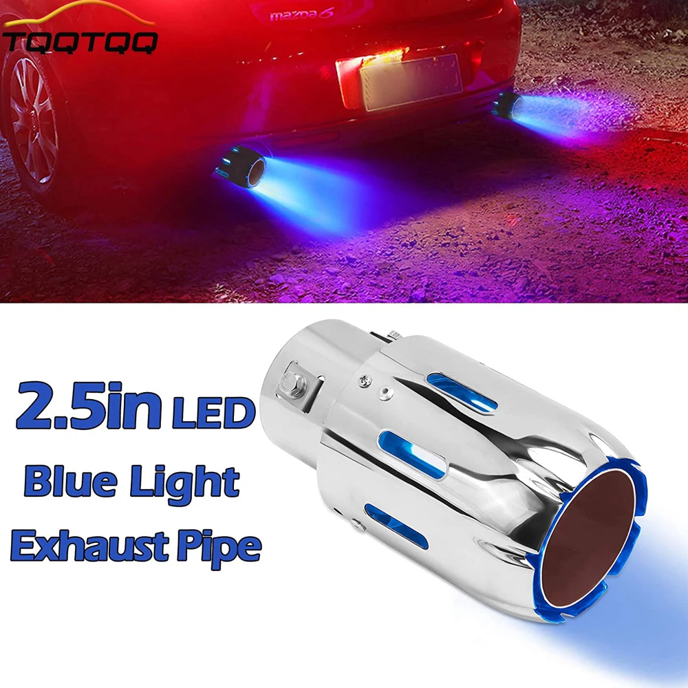 2.5'' 63mm Exhaust Tips Stainless Steel Muffler Car Exhaust Tail Pipe Modification Luminous Tube With Blue Flame LED light