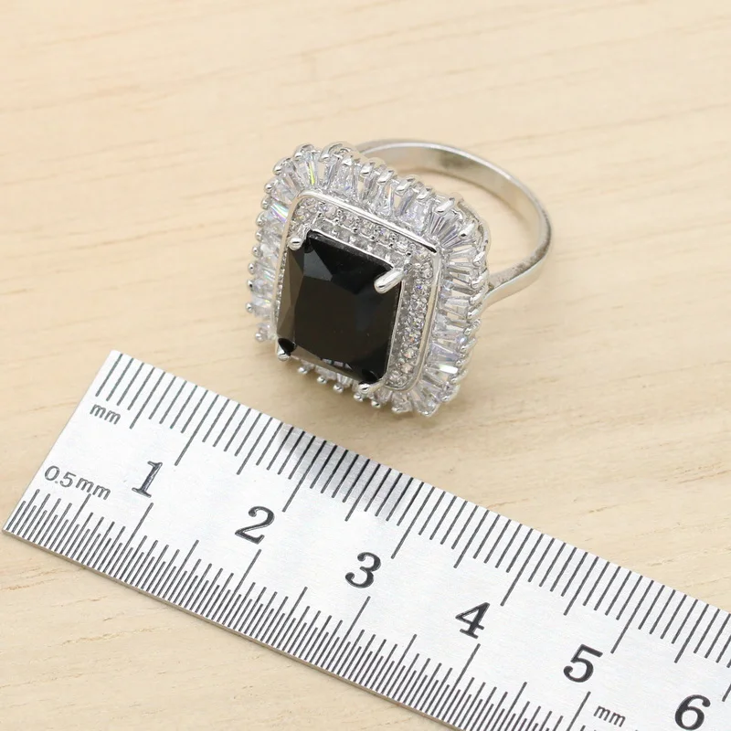Black Stones Silver Color Bridal Jewelry Sets For Women Necklace Pendant Earrings Rings Gift Box
