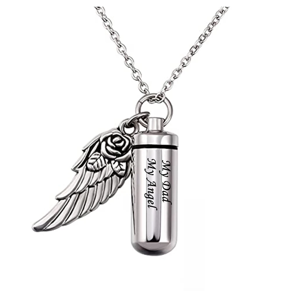 Pretty Rose flower angel wing Charm Cremation jewelry Cylinder Ash Urn Pendant Memorial Pet/Human Ashes Necklace Stainless Steel