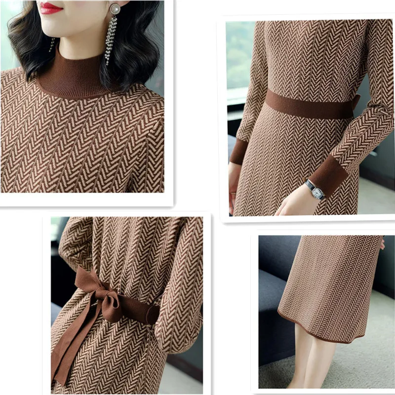 Vrouwen Casual Bottom Trui Jurk 2021 Nieuwe Coltrui Lange Mouwen Slanke Patroon Knielange Kleding Voor Office Lady Hoge kwaliteit