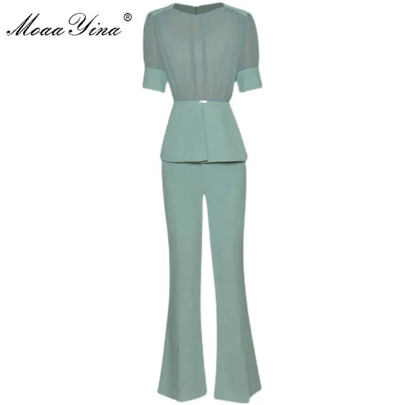 

MoaaYina New 2021 Designer Summer Fashion Solid Two Pieces Pants Set Women's Short sleeve Slim Tops and Wide leg pants suit