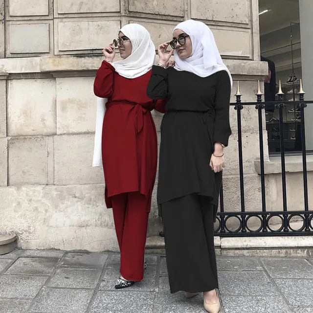 

Two pieces tops + pants muslim sets great quality Hot sale fashion simple and fresh Muslim lace dress suits wq2594