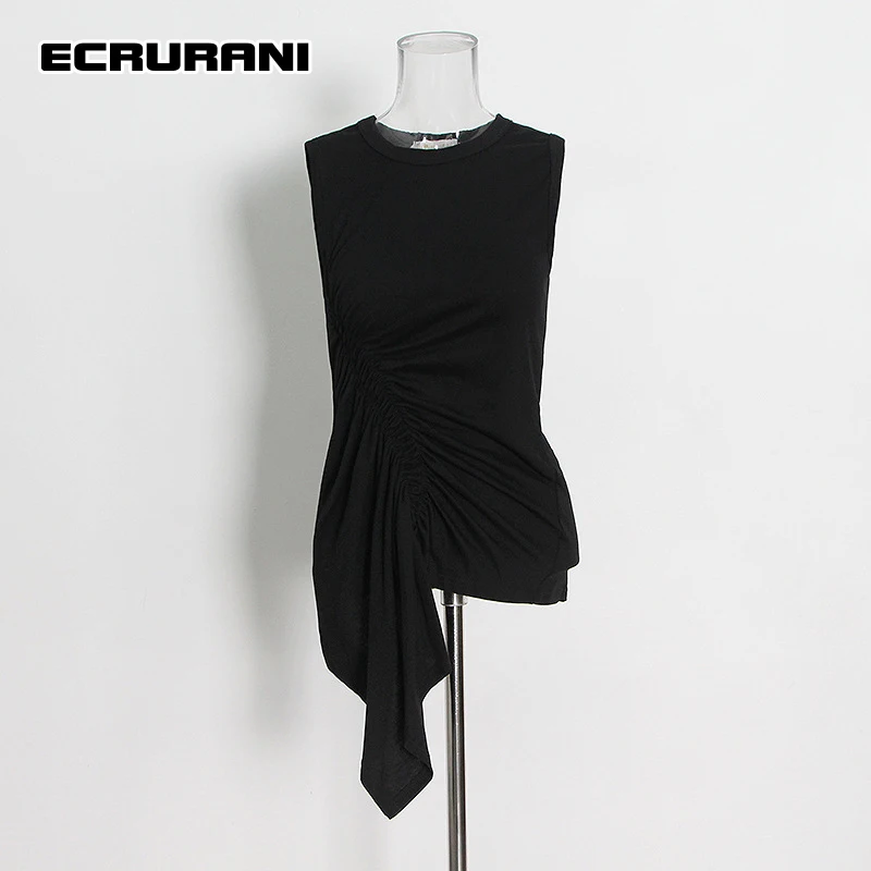 

ECRURANI Shirred Sexy T Shirts For Women Crewneck Sleeveless Slimming Asymmetrical Hem Casual T Shirt Female 2022 Summer Clothes