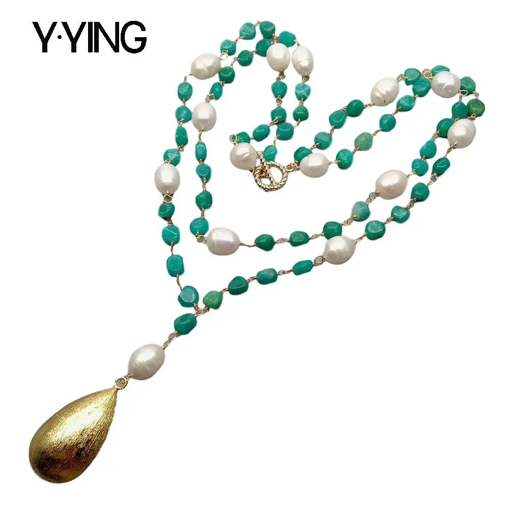 Y·YING Peruvian Amazonite White Rice Pearl  sweater chain Necklace Teardrop Brushed Bead Pendant necklace  21