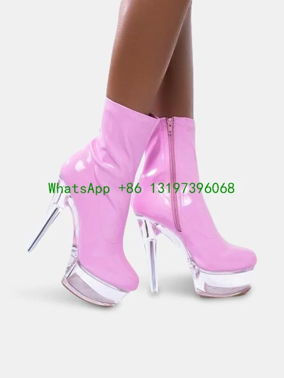 Ladies Transparent Platform High Heel Boots Stiletto Heel Bootie In Pink Patent Side Zipper Transparent High Heel Ankle Boots 43