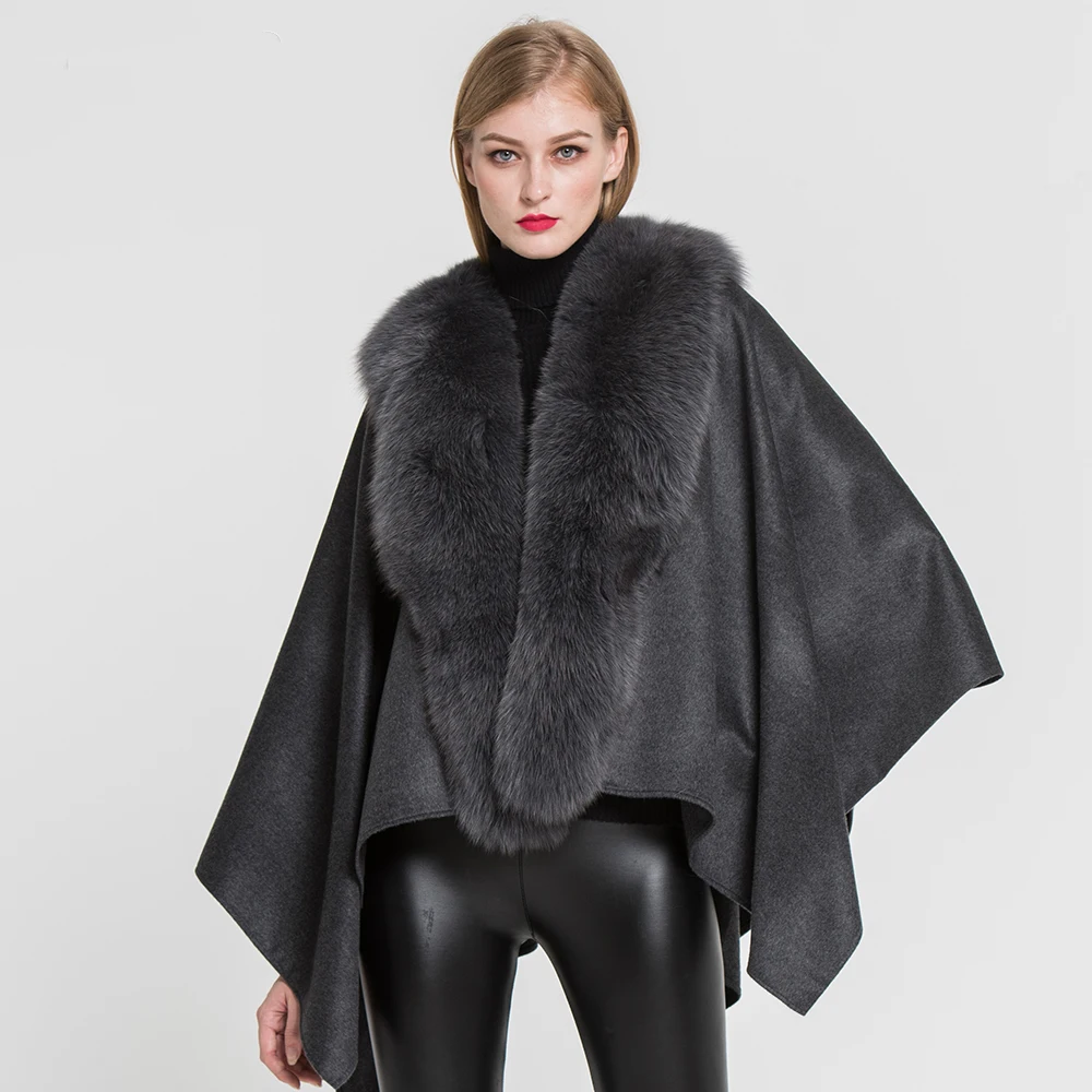 Real Cashmere Wool Cape Poncho Real Whole Fox Fur Collar Wraps Cloak Coat For Wedding Party Dinner