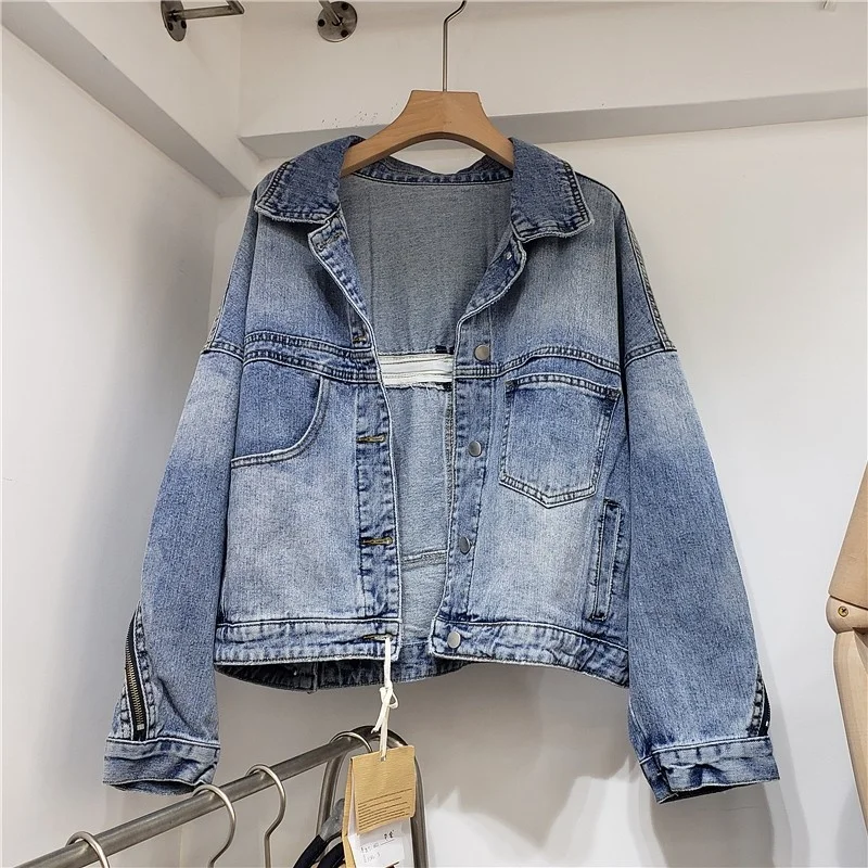 Women Designer Back Zipper Denim Jacket Loose Fit Casual Vintage Outwear Jean Coat Batwing Sleeve Boyfriend Style Short Jackets